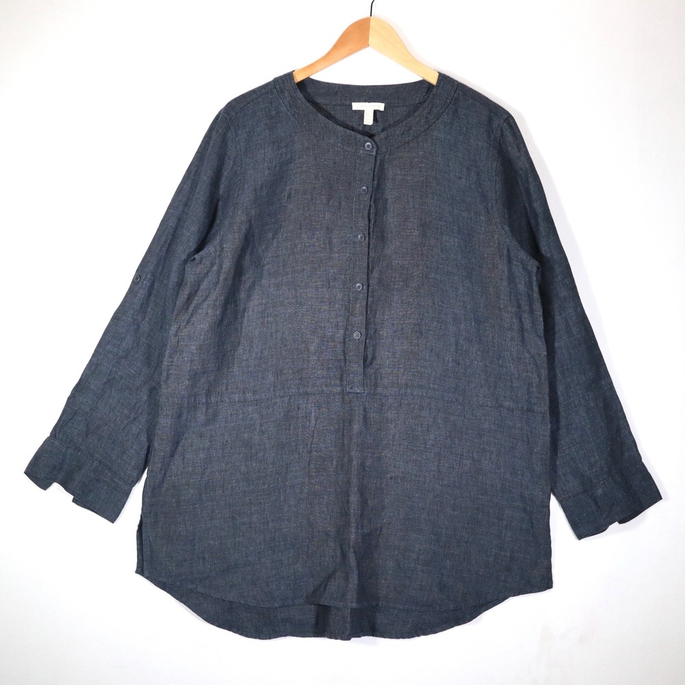 Eileen Fisher Tunic Women XL Navy Linen Band Collar Roll Tab Sleeve Casual Top